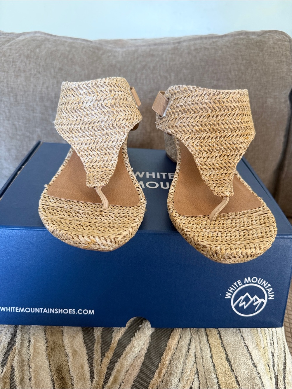 White Mountain Woven Tan Thong Wedge Sandals